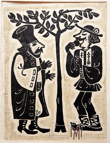 Igor Vieru (1923-88) Pacala eating apricots, 1966, paper, linoprint, gouache, 36,4x28,3cm