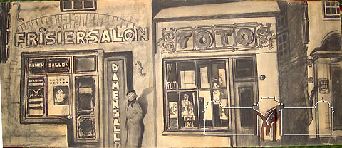 Stanislav Bulgakov (1927-1988) Strada oraşului nocturn. Polonia. 1944. Schiţă de decor la filmul artistic „Riscul”, 1970, hârtie, cărbune, 60,0x148cm